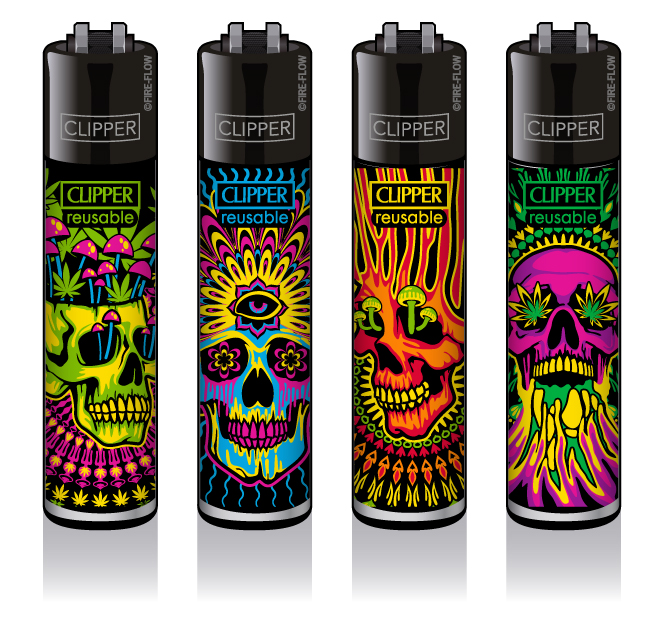 4er Set CLIPPER Feuerzeuge - Trippy Skulls