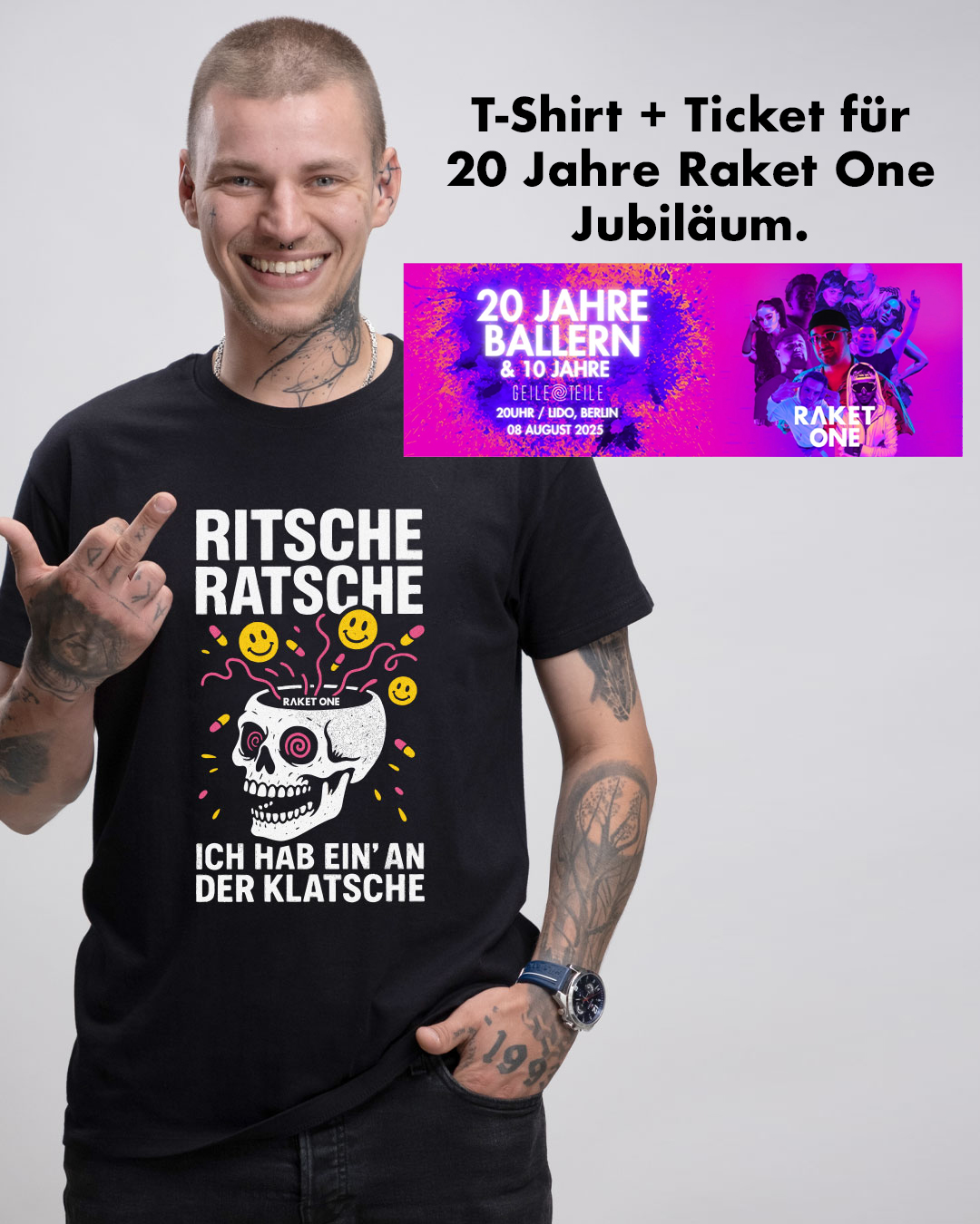 Raket One Ticket Bundle - Ritsche Ratsche Shirt - 20 Jahre Ballern Ticket