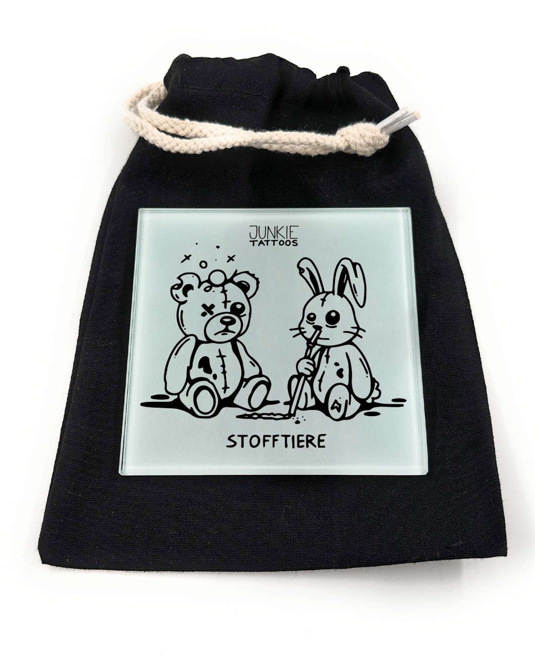 Stofftiere - Robustes Echtglas Brettchen, 10x10cm, mit Stoffsäckchen & Kartenhalter