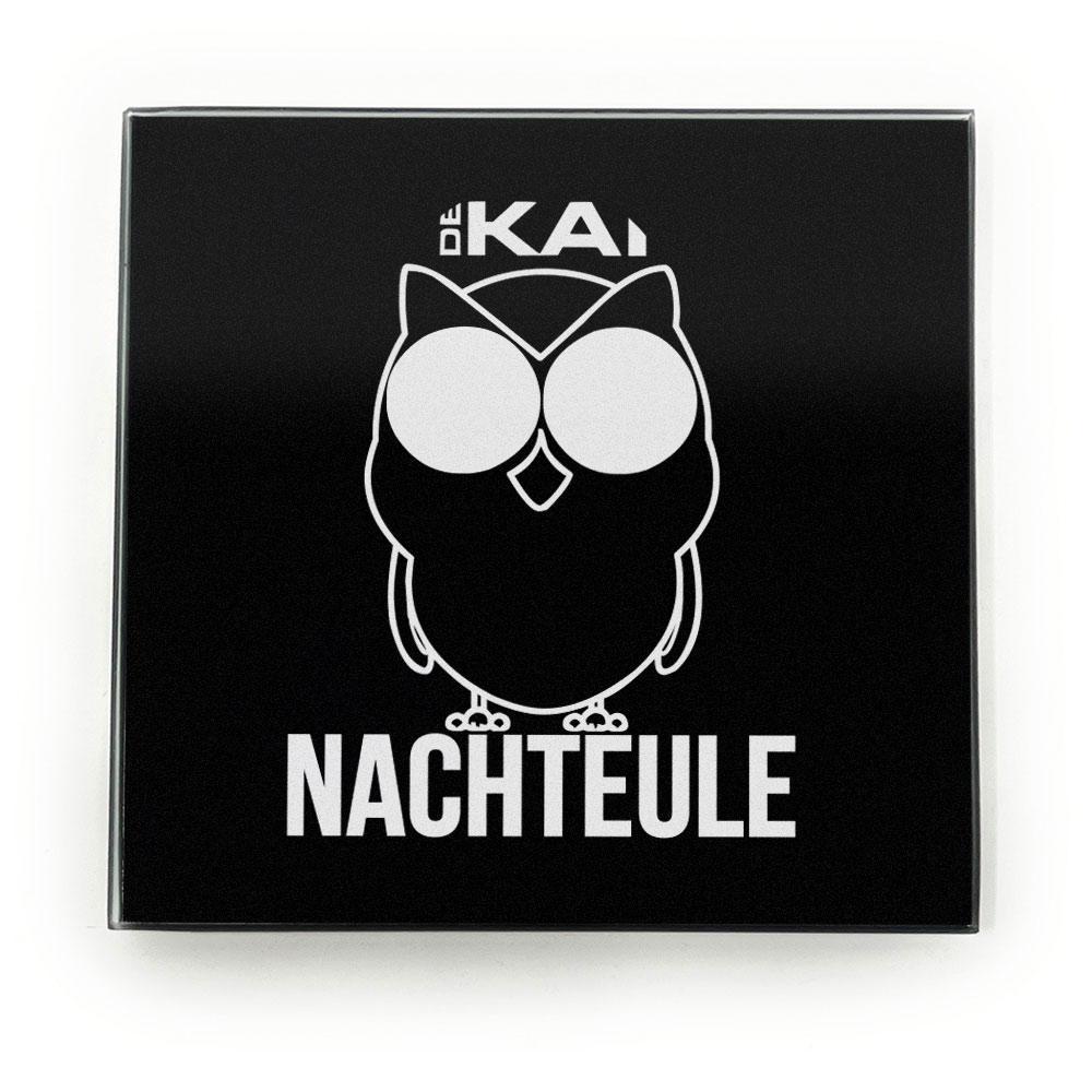 10cm Nachteule - Robustes Echtglas Brettchen, 10x10cm mit Stoffsäckchen & Kartenhalter