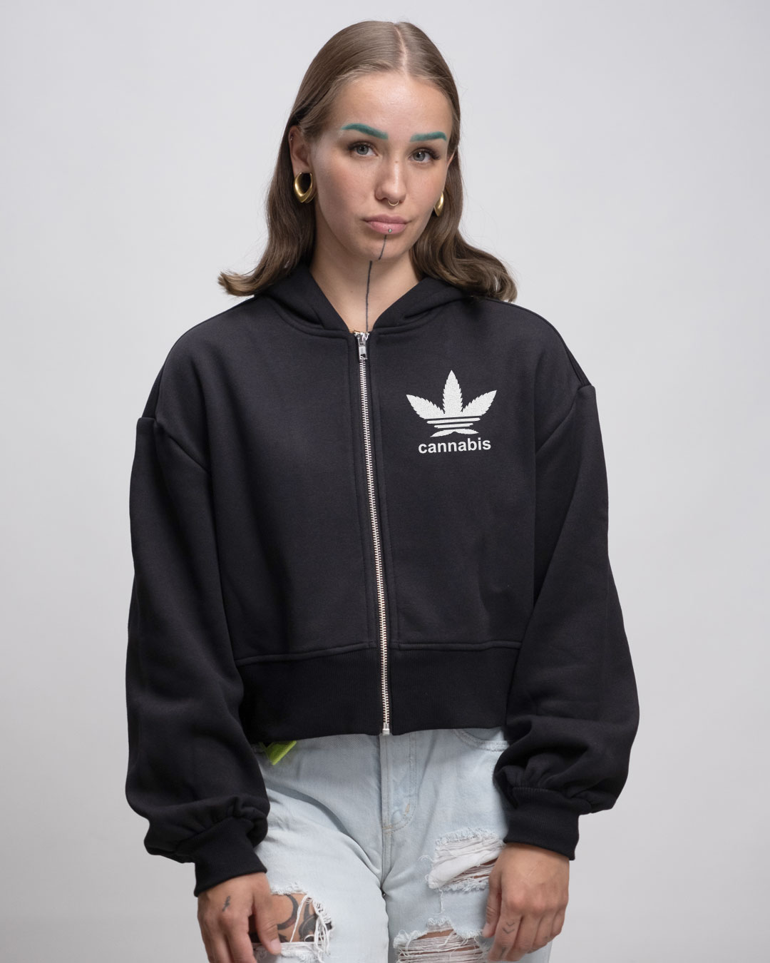 Cannabis - Oversized Crop Sweat-Jacke mit Reißverschluss