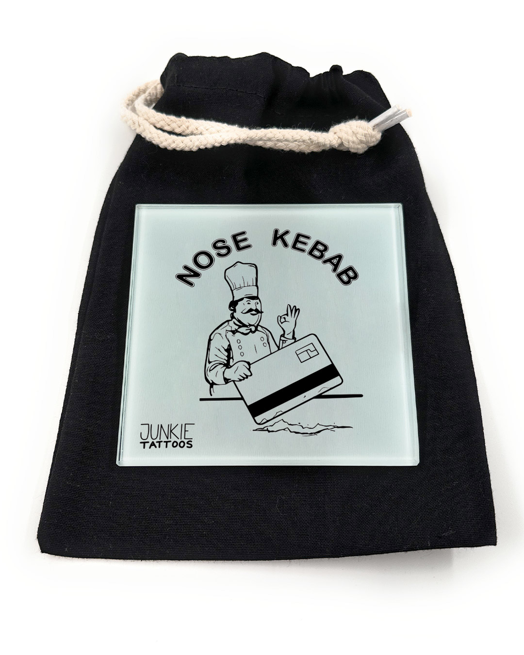 Nose Kebab - Robustes Echtglas Brettchen, 10x10cm, mit Stoffsäckchen & Kartenhalter