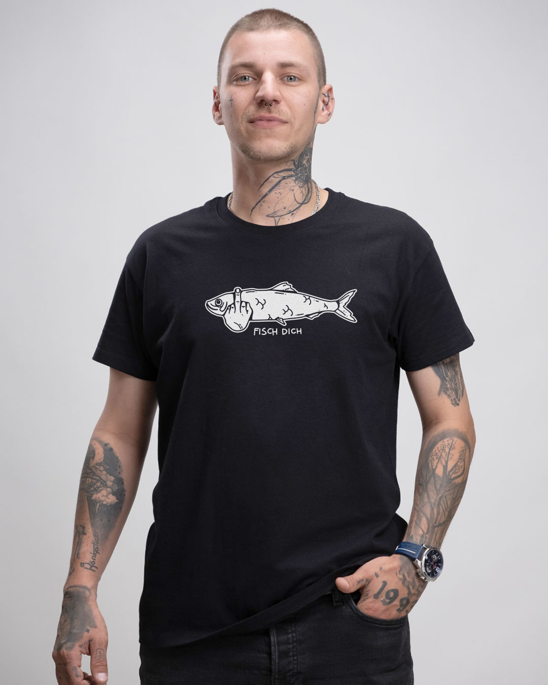 Fisch Dich - Herren Ringspun Shirt Weiß - Junkie Tattoos