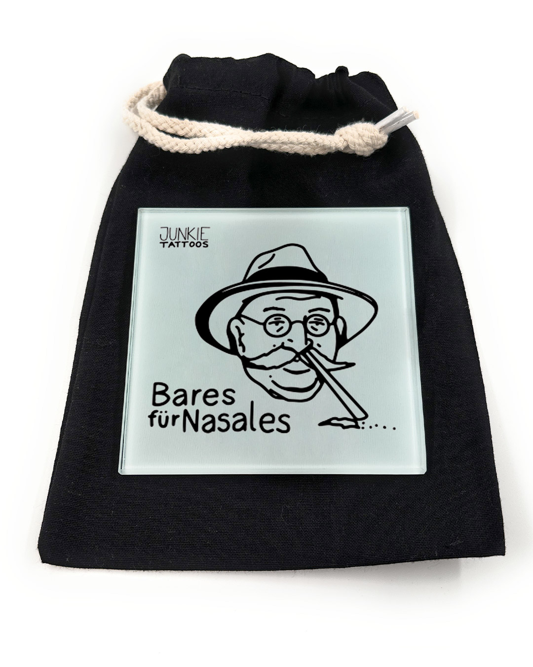 Bares für Nasales - Robustes Echtglas Brettchen, 10x10cm, mit Stoffsäckchen & Kartenhalter