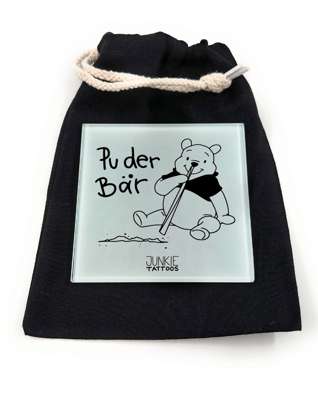 Puder Bär - Robustes Echtglas Brettchen, 10x10cm, mit Stoffsäckchen & Kartenhalter