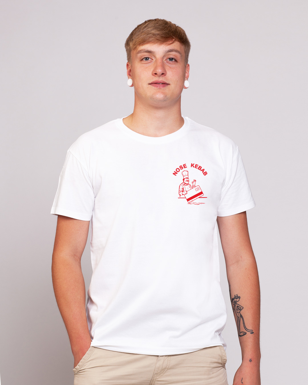 nosekebap_white_Boys_Basic_Shirt_front Nose Kebab - Herren Ringspun Shirt - Junkie Tattoos