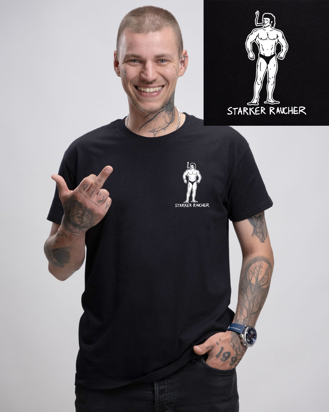Starker Raucher - Herren Ringspun Shirt - Junkie Tattoos (Black) Starker Raucher - Herren Ringspun Shirt - Junkie Tattoos (Black)