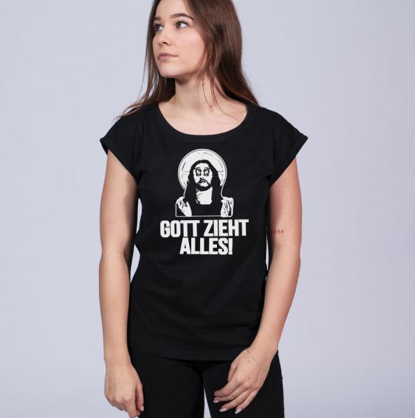 Gott zieht alles - Weites Ladies Shirt, Lang geschnitten, angeschrägte Ärmel